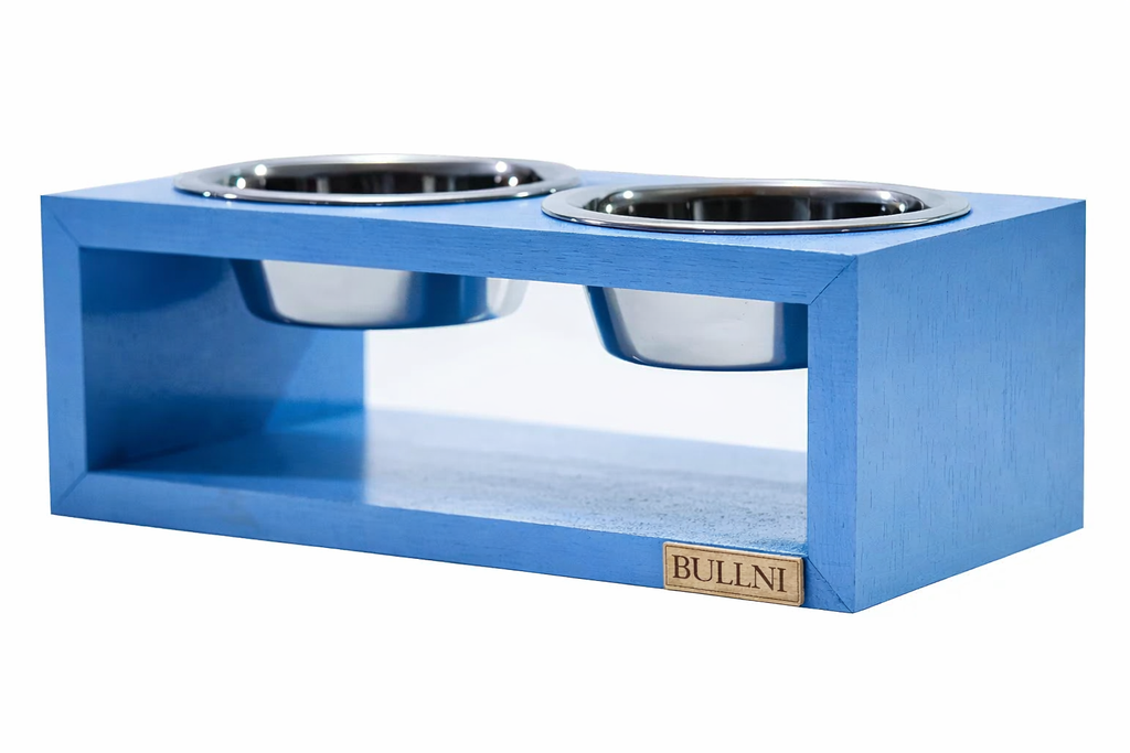 Comedouro Duplo De Madeira Personalizado Com Potes Inox Para Gatos E Cachorros