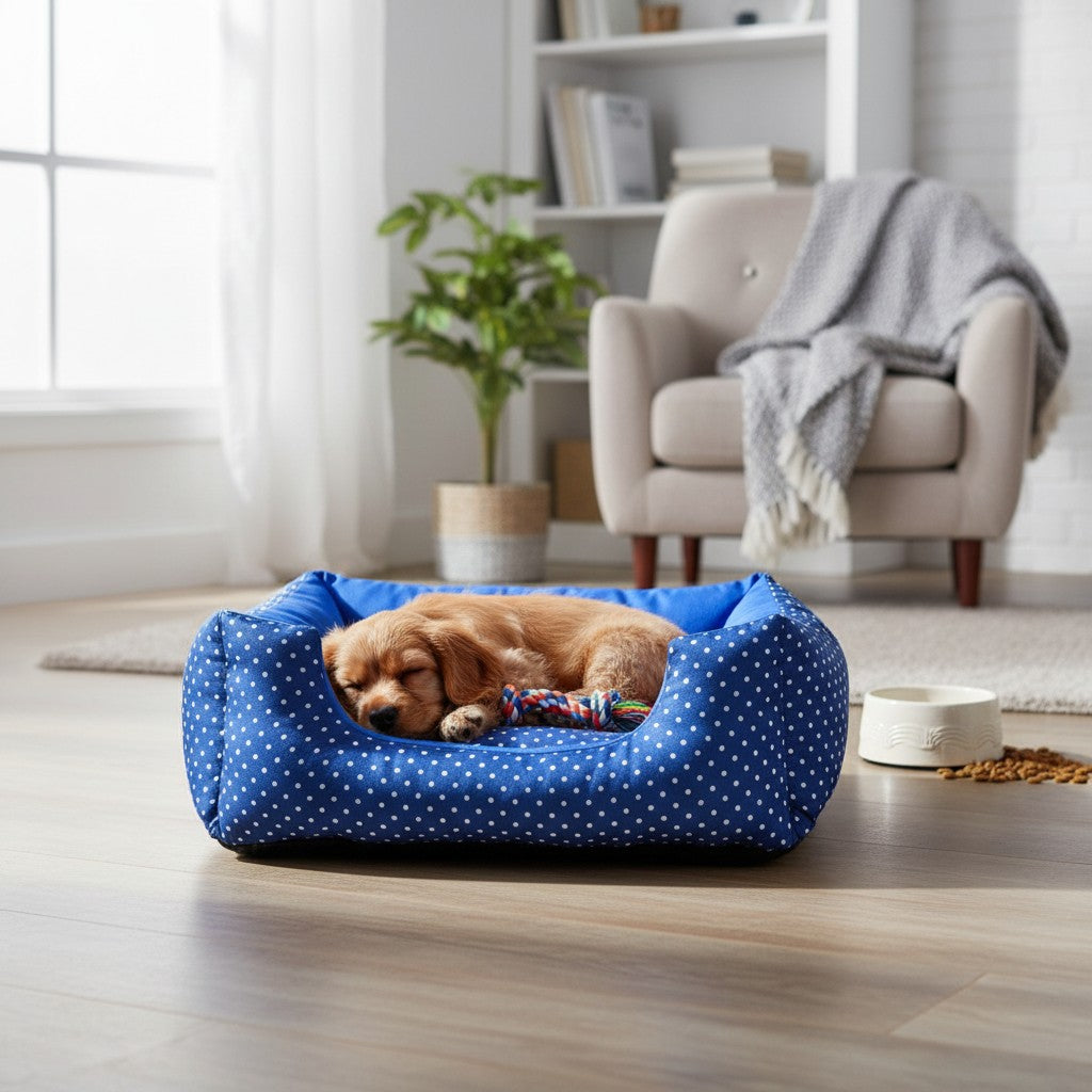 Cama Para Cachorro Quadrada conforto Azul Poa Drop