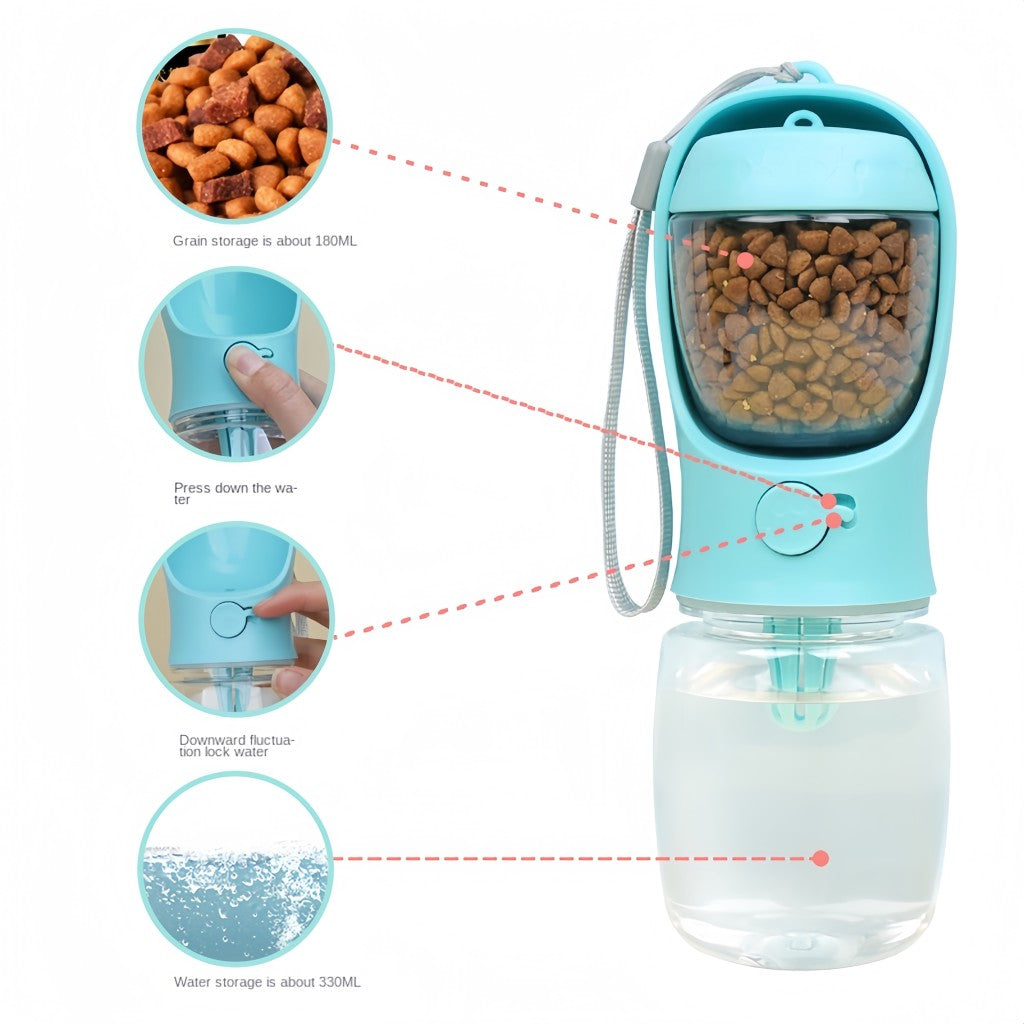 Garrafa de água portátil para cães e gatos, com armazenamento de alimentos