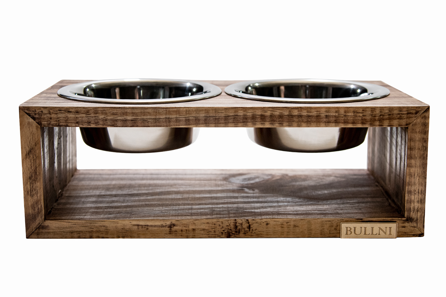 Comedouro Duplo De Madeira Personalizado Com Potes Inox Para Gatos E Cachorros
