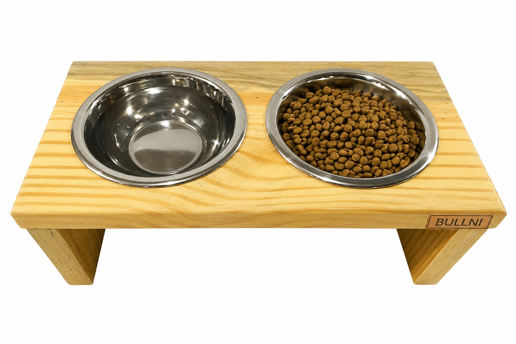Comedouro Elevado Pet Madeira com tigela Inox Bullni Store