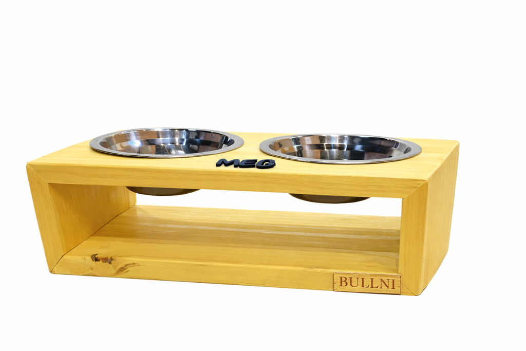 Comedouro Duplo de Madeira Personalizado para cães e gatos Bullni Store