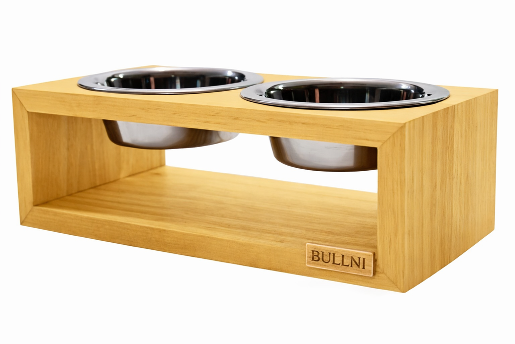 Comedouro Duplo De Madeira Personalizado Com Potes Inox Para Gatos E Cachorros