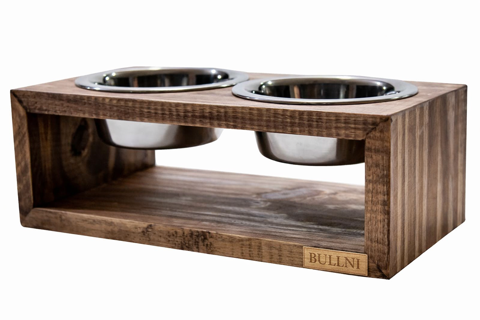 Comedouro Duplo De Madeira Personalizado Com Potes Inox Para Gatos E Cachorros