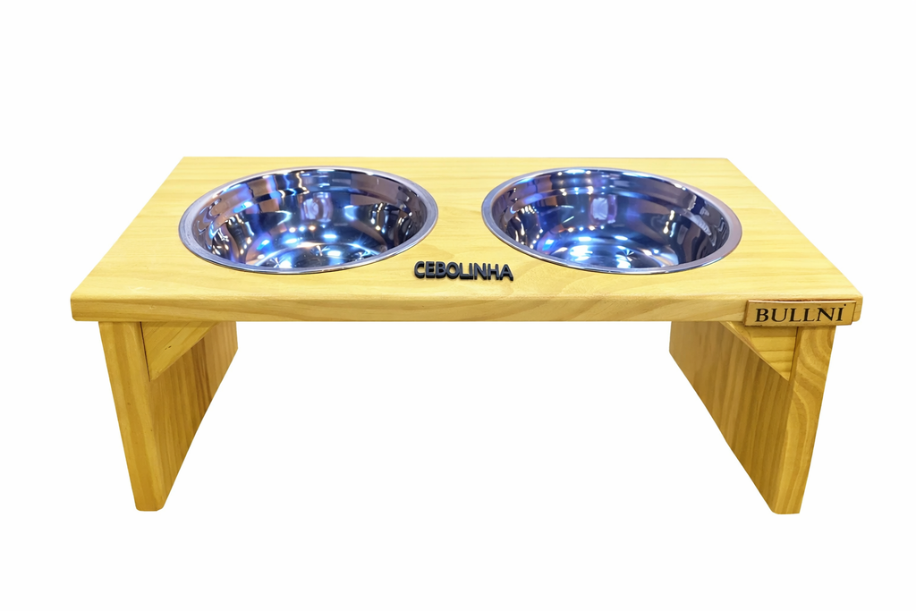 Comedouro Elevado Pet Madeira com tigela Inox Bullni Store